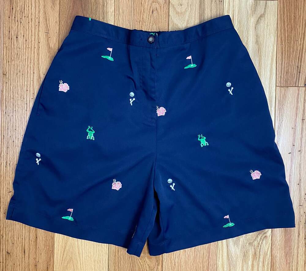 Coral Bay Navy Blue Shorts Womens Size 12 Embroidered Frogs Golf Flowers